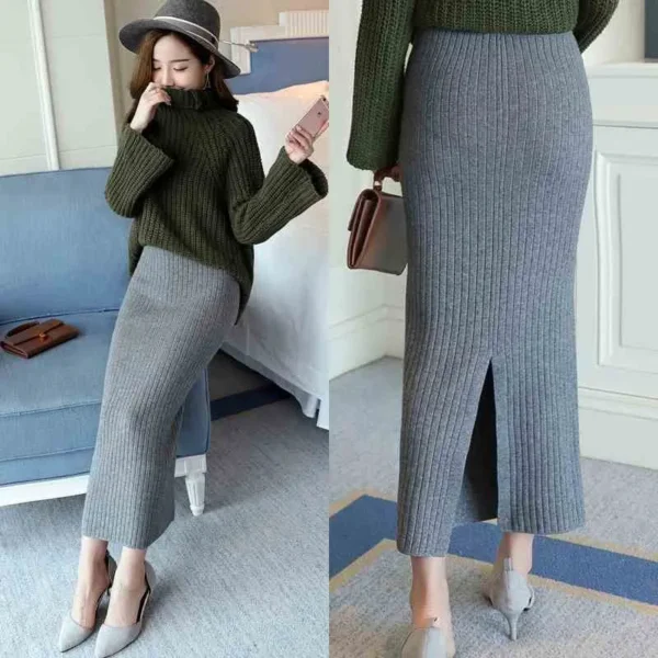 Woolen Skirts for Women Long Faldas Largas Knitted Saias Midi Slim Office Autumn Winter Jupe Femme Pencil Skirt Black Ropa Mujer - Image 2