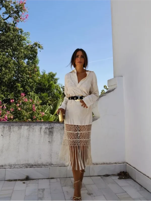 Women Fashion Solid Print Tassels Shirt Dress Elegant Long Sleeves Laple Patchwork Midi Dresses Summer Casual Loose Streetwear