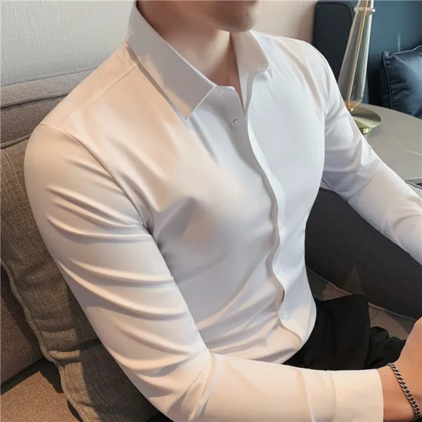Plus Size 4XL-M High Elasticity Seamless Shirts Men Long Sleeve Top Quality Slim Casual Luxury Shirt Social Formal Dress Shirts - Image 10