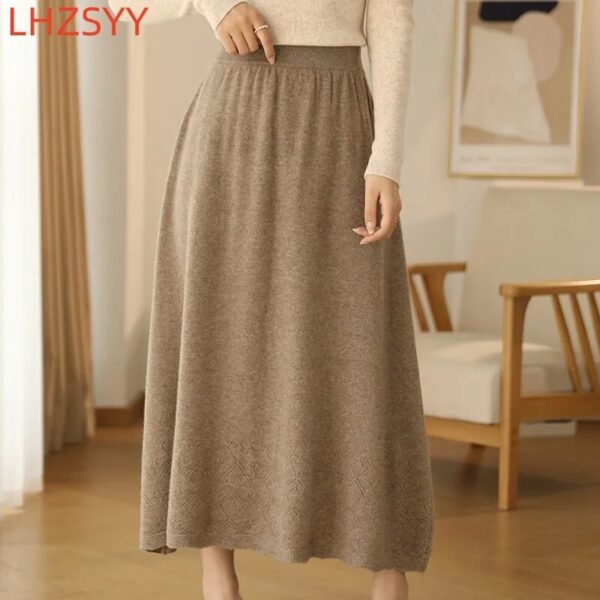 LHZSYY 100% Pure Wool Skirt Ladies Autumn Winter Loose Long High Waisted A-Line Cashmere Skirts Knitted Versatile Bag Hip Skirts - Image 4