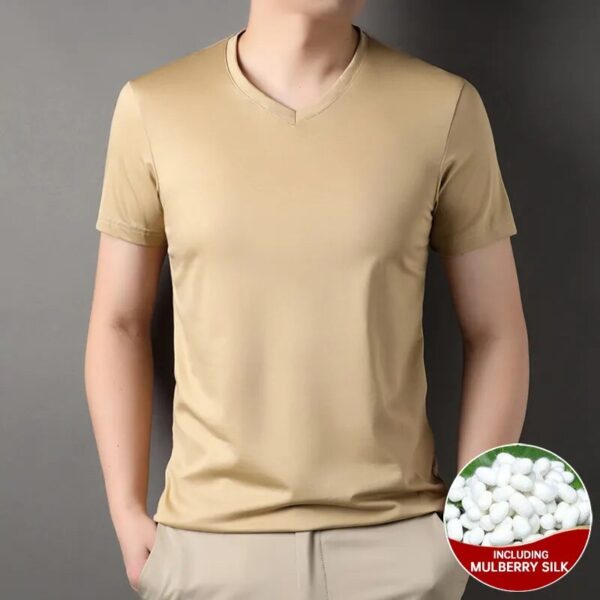 Top Grade 1.7% Mulberry Silk New Summer Brand Tops V Neck t Shirts For Men 2023 Short Sleeve Casual Fashion Mens Clothing - Image 6