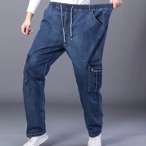 Cargo Jeans Men Elastic Plus Size 48 46 44 42 High Waist Trousers Straight Work Pants Casual Stretched Black Denim Streetwear - Image 4