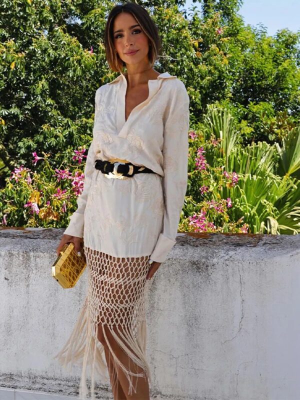 Women Fashion Solid Print Tassels Shirt Dress Elegant Long Sleeves Laple Patchwork Midi Dresses Summer Casual Loose Streetwear - Image 3
