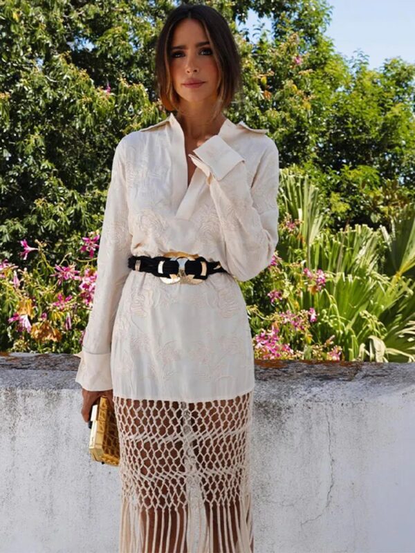Women Fashion Solid Print Tassels Shirt Dress Elegant Long Sleeves Laple Patchwork Midi Dresses Summer Casual Loose Streetwear - Image 4