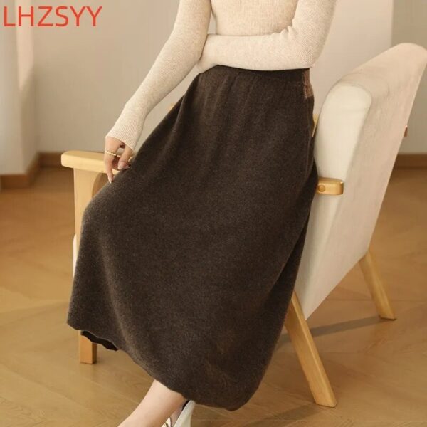 LHZSYY 100% Pure Wool Skirt Ladies Autumn Winter Loose Long High Waisted A-Line Cashmere Skirts Knitted Versatile Bag Hip Skirts - Image 3